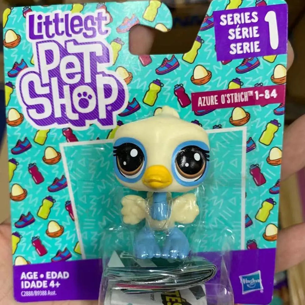A packaged figure of an azure ostrich bird from the Littlest Pet Shop series 1