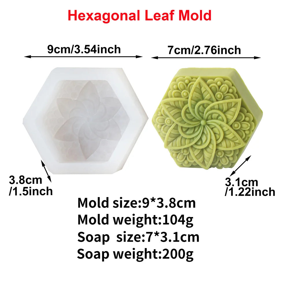 A hexagonal silicone mold and its corresponding soap product are shown with dimensions.