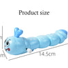 A light blue wind-up caterpillar crawling toy with a cute cartoon face and large eyes.