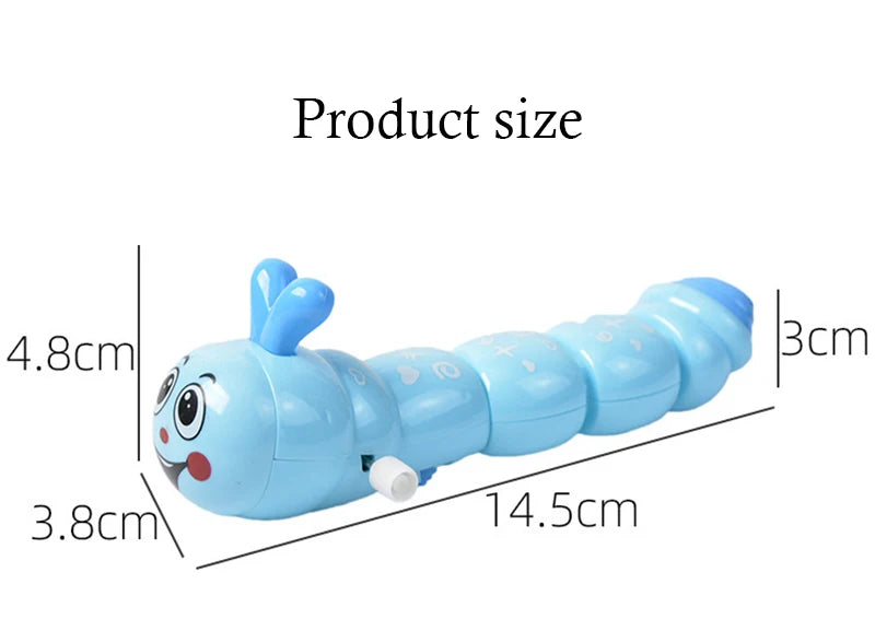 A light blue wind-up caterpillar crawling toy with a cute cartoon face and large eyes.
