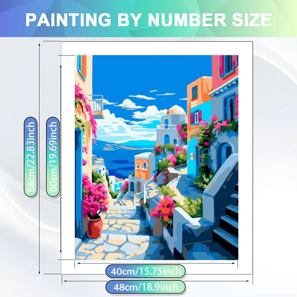 A painting by number depicting a colorful seaside harbor scene with buildings, flowers, and blue water.