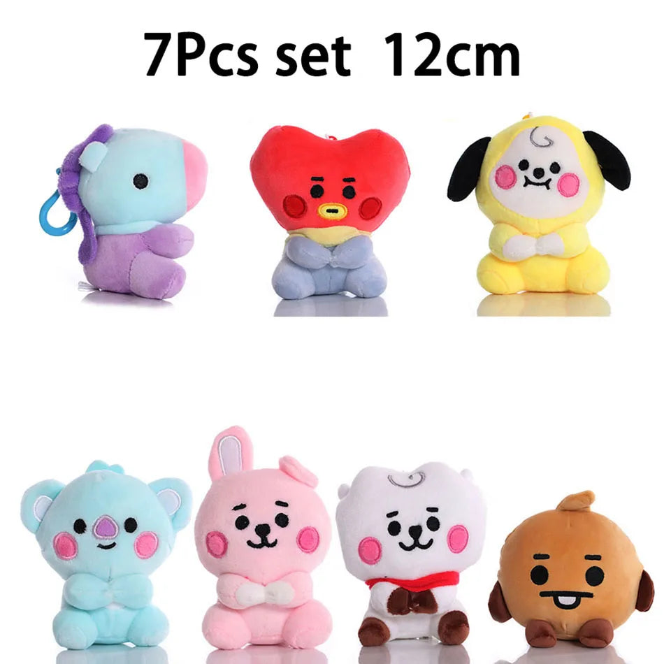 A set of seven 12cm kawaii anime mini plush keychains featuring characters like a purple bear, red cat, and yellow bear.