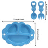 A set of blue doll feeding and care accessories including a large tray and two small spoons.