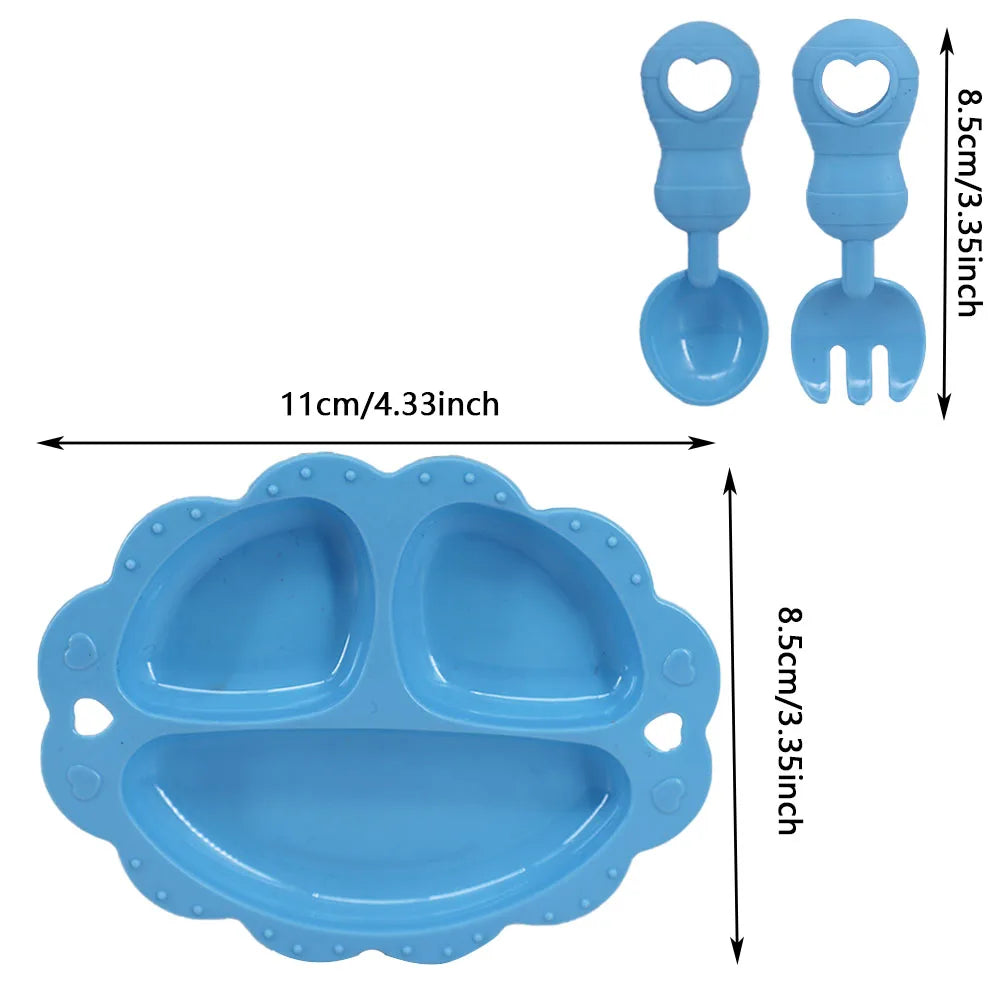 A set of blue doll feeding and care accessories including a large tray and two small spoons.