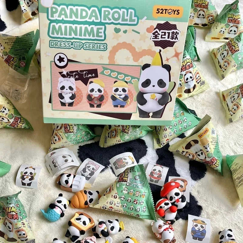 A box of Panda Roll Minime dress-up series collectible figures and blind boxes on a white surface.