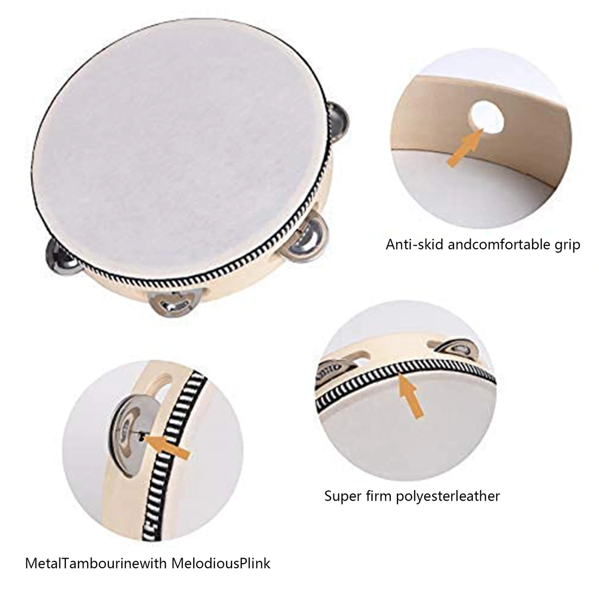 A white tambourine with a light wood rim and metal bells, showing grips and material details.