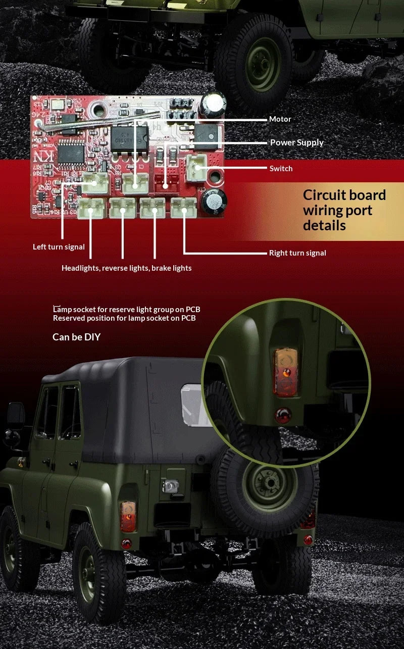 Diagram showing wiring details for a circuit board and an off-road RC rock crawler truck.