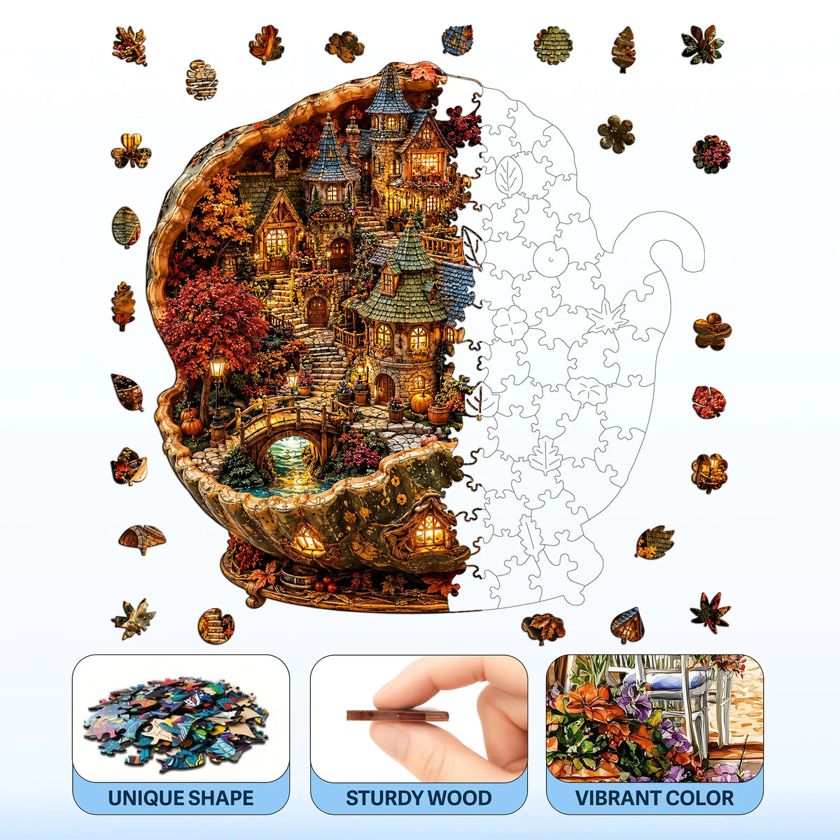 A jigsaw puzzle depicting a wooden forest deer scene with vibrant colors and textures.