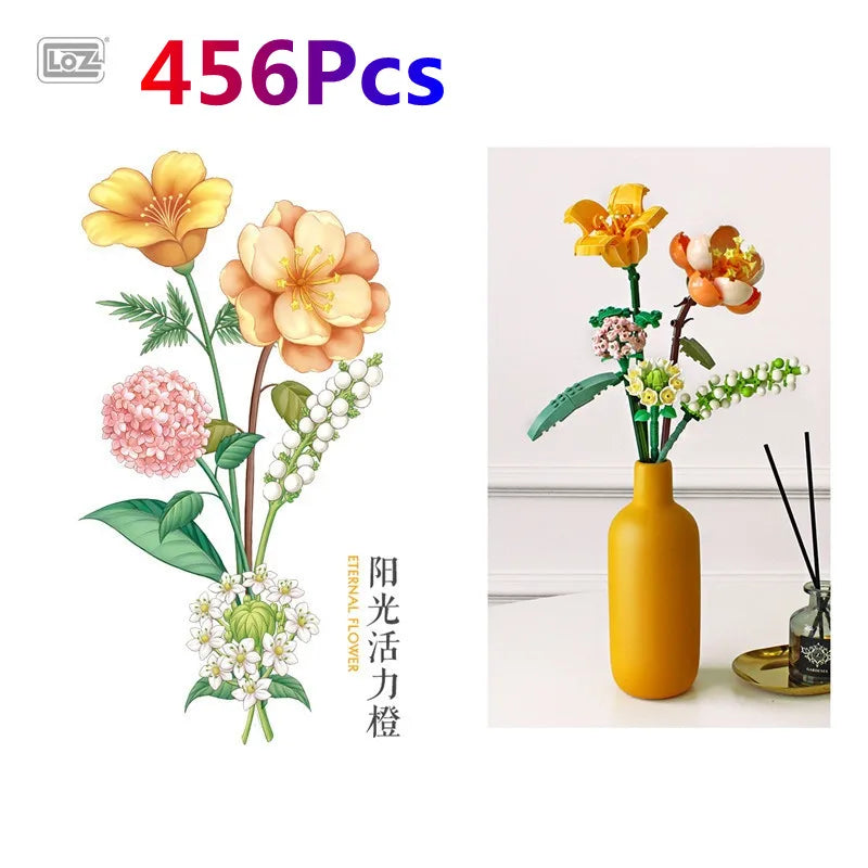 A set of 456 floral building blocks featuring yellow and pink flowers arranged in a bouquet display.