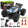 A black and blue 1:18 scale RC monster truck with large tires and LED lights, shown next to accessories.