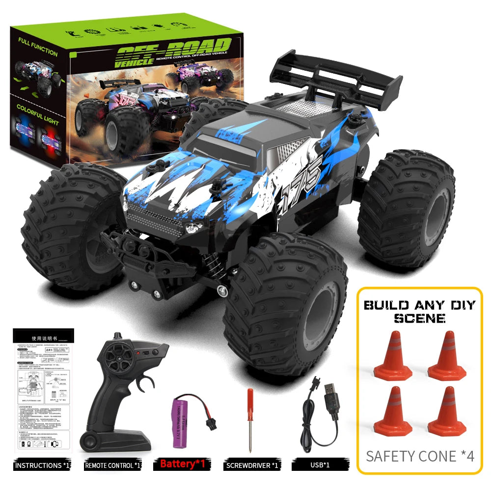 A black and blue 1:18 scale RC monster truck with large tires and LED lights, shown next to accessories.