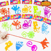 A collection of colorful sticky toys featuring spiders, pumpkins, and other Halloween-themed figures for party favors.