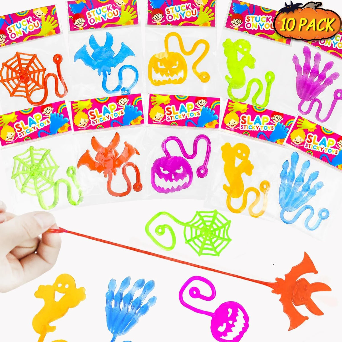 A collection of colorful sticky toys featuring spiders, pumpkins, and other Halloween-themed figures for party favors.