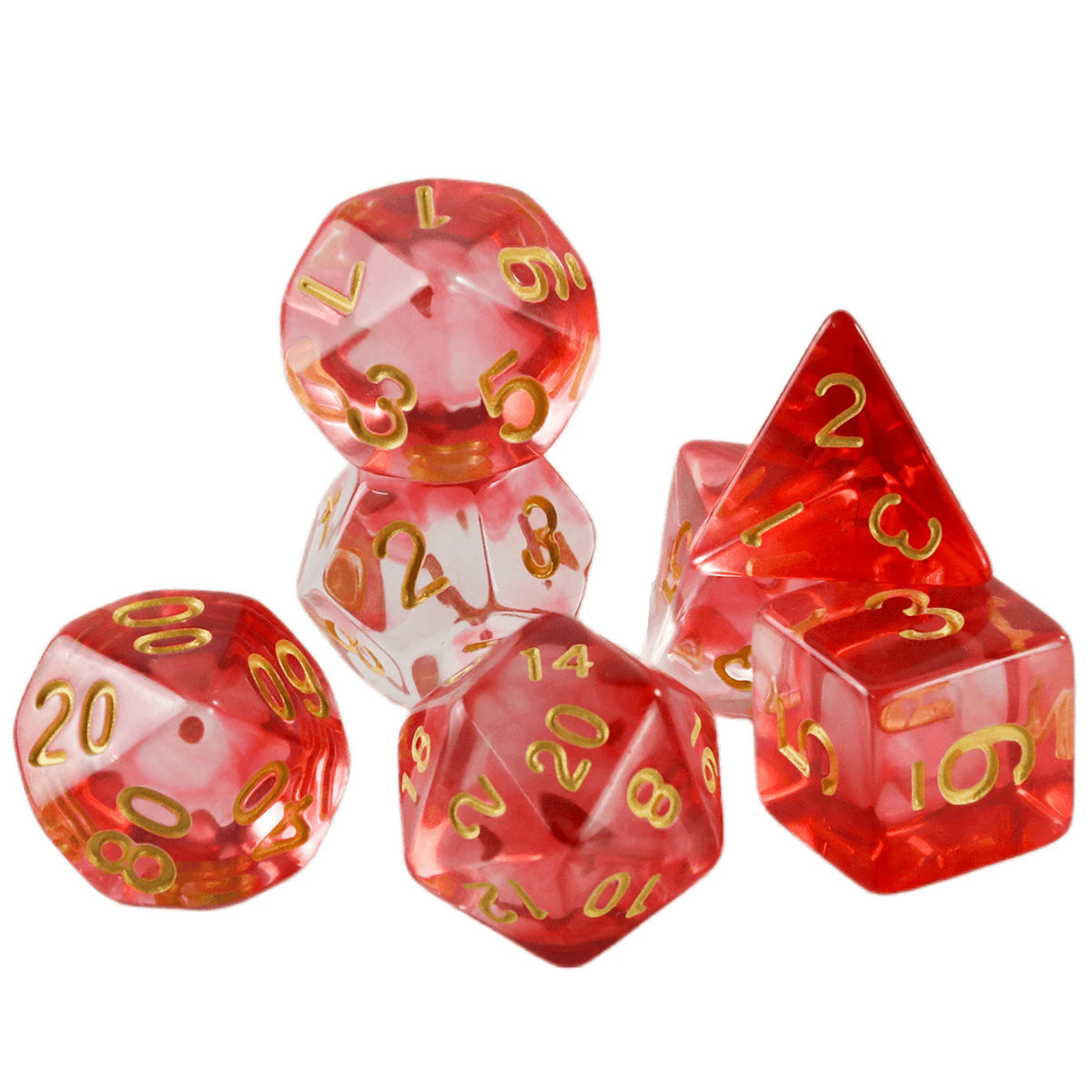 A set of seven polyhedral dice with a red and pink haze swirl effect for role-playing games