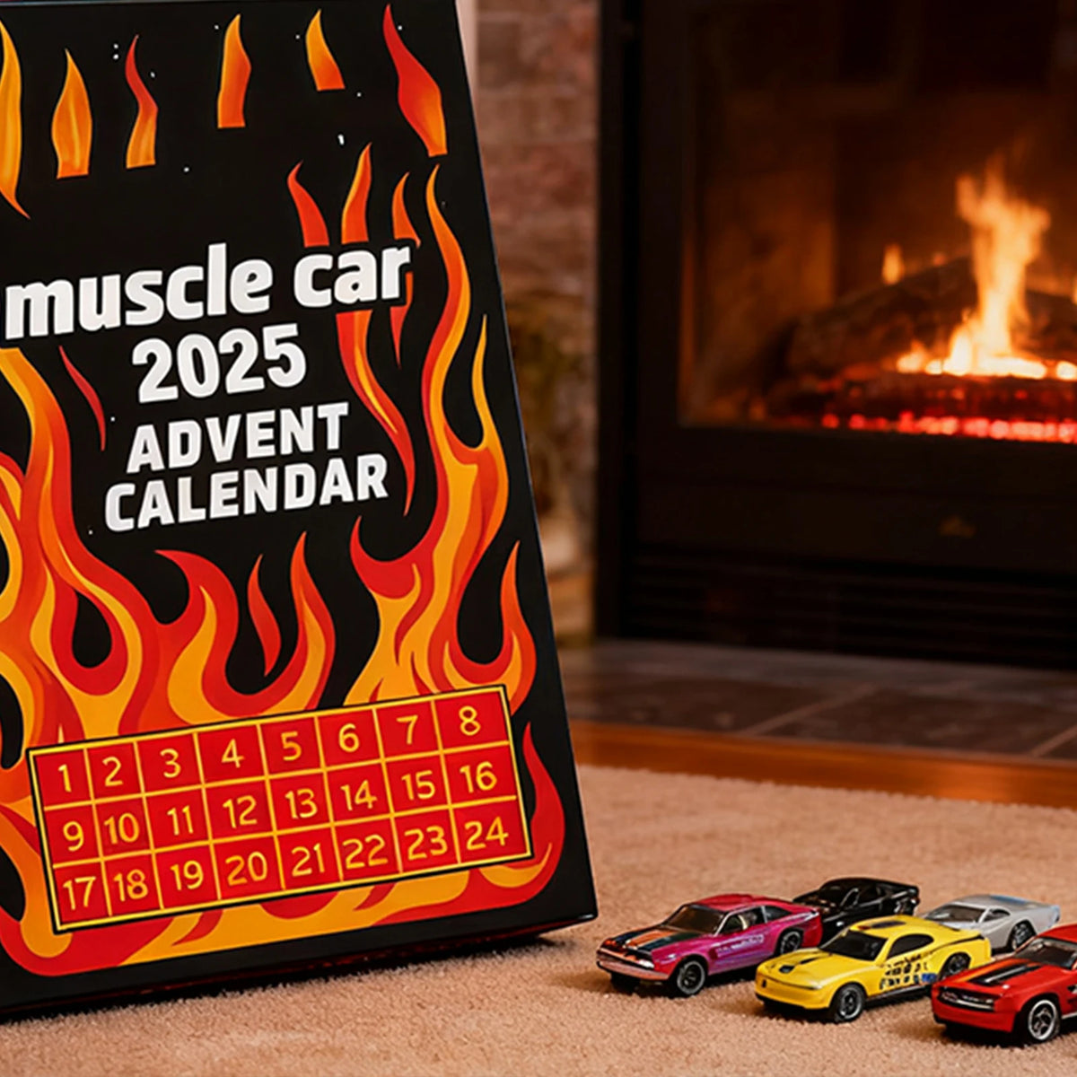 A box for a muscle car 2025 advent calendar featuring a countdown design and toy vehicles.