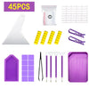 A purple diamond painting tool kit including a powder, pen, tweezers, and storage tray.
