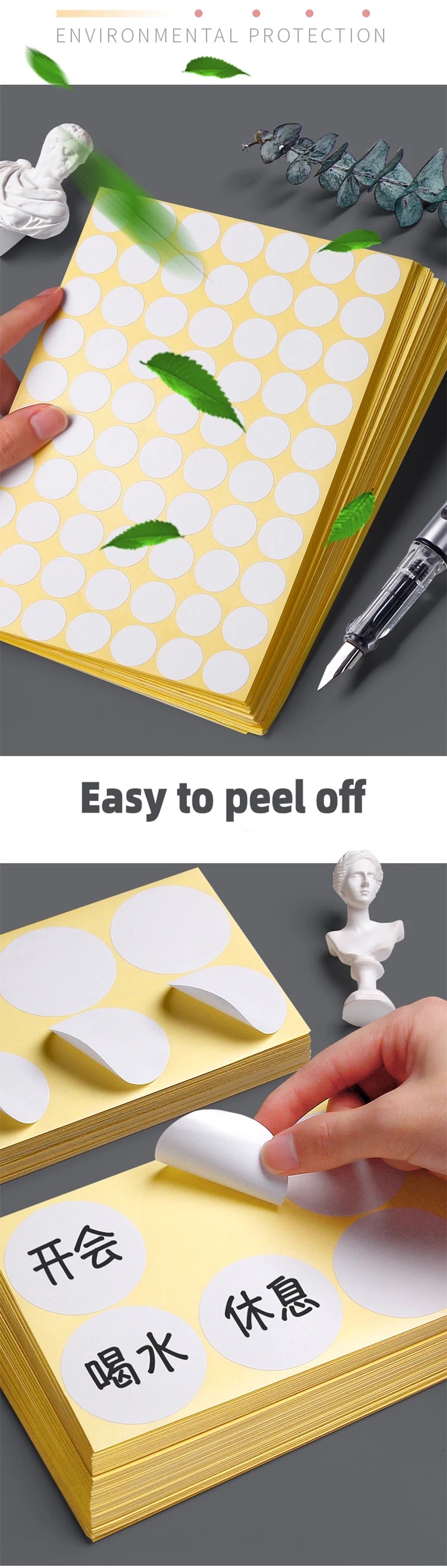 A stack of yellow round self-adhesive dot labels is shown being peeled off a sheet, demonstrating ease of use.