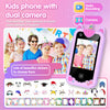 A pink kids phone with a dual camera setup and various stickers for recording moments.