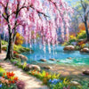 A vibrant painting of a forest scene with pink cherry blossoms, a flowing stream, and a stone path.