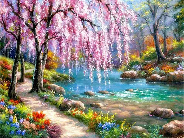 A vibrant painting of a forest scene with pink cherry blossoms, a flowing stream, and a stone path.