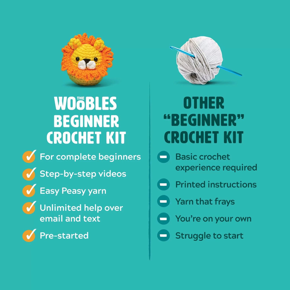 A crochet kit featuring a yellow lion toy and a ball of white yarn with blue needles for beginners