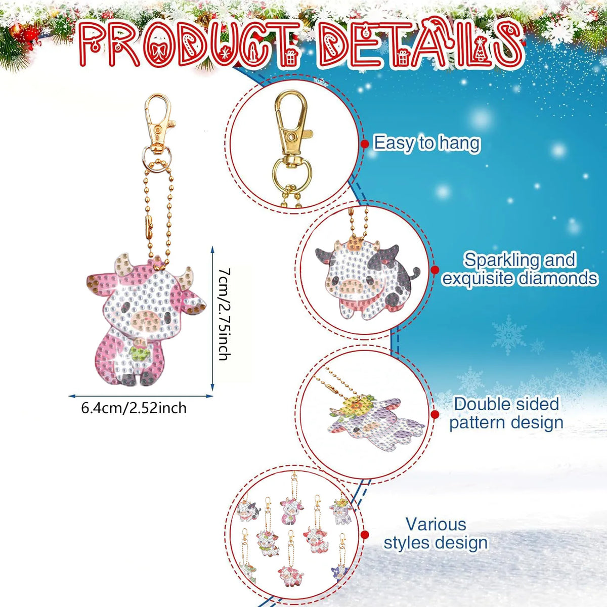 A set of eight DIY animal diamond art keychains featuring various cute animal designs and sparkling diamonds.