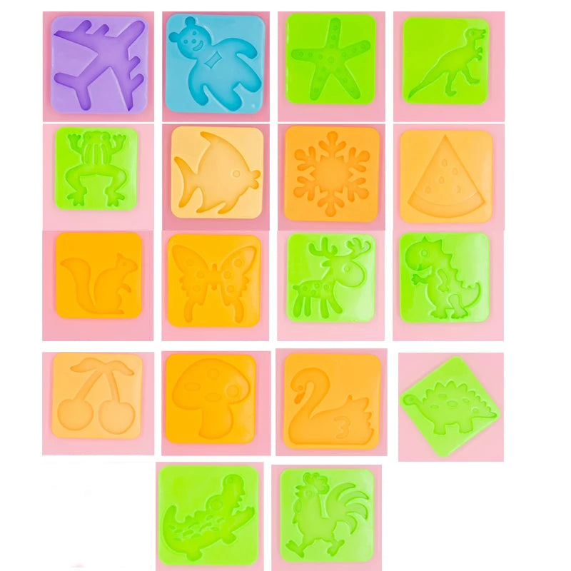 A grid of glow-in-the-dark plastic shapes featuring various animals and objects for a DIY kit.