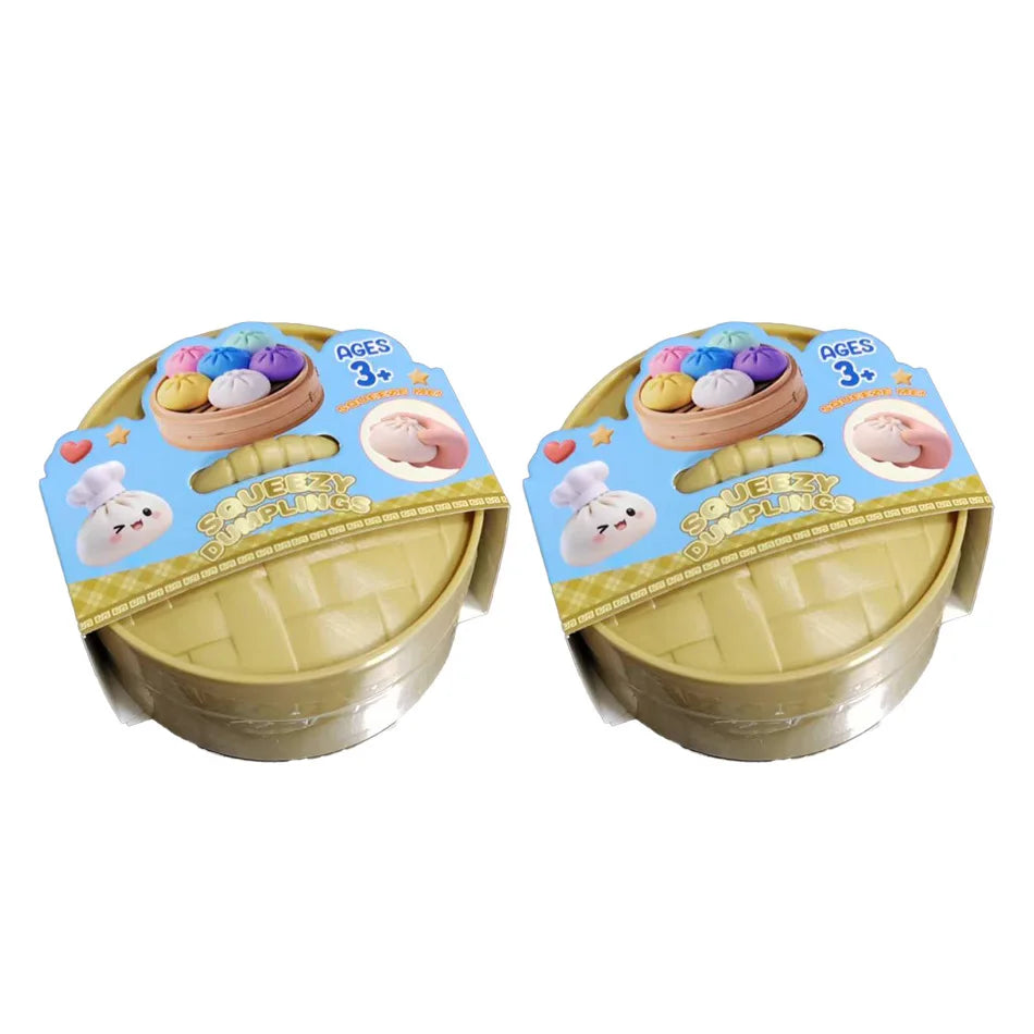 A squishy dumpling stress ball with a steamer basket and various colored dumplings for ages 3+