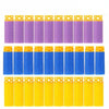 A row of purple and blue EVA foam darts for Nerf blasters.