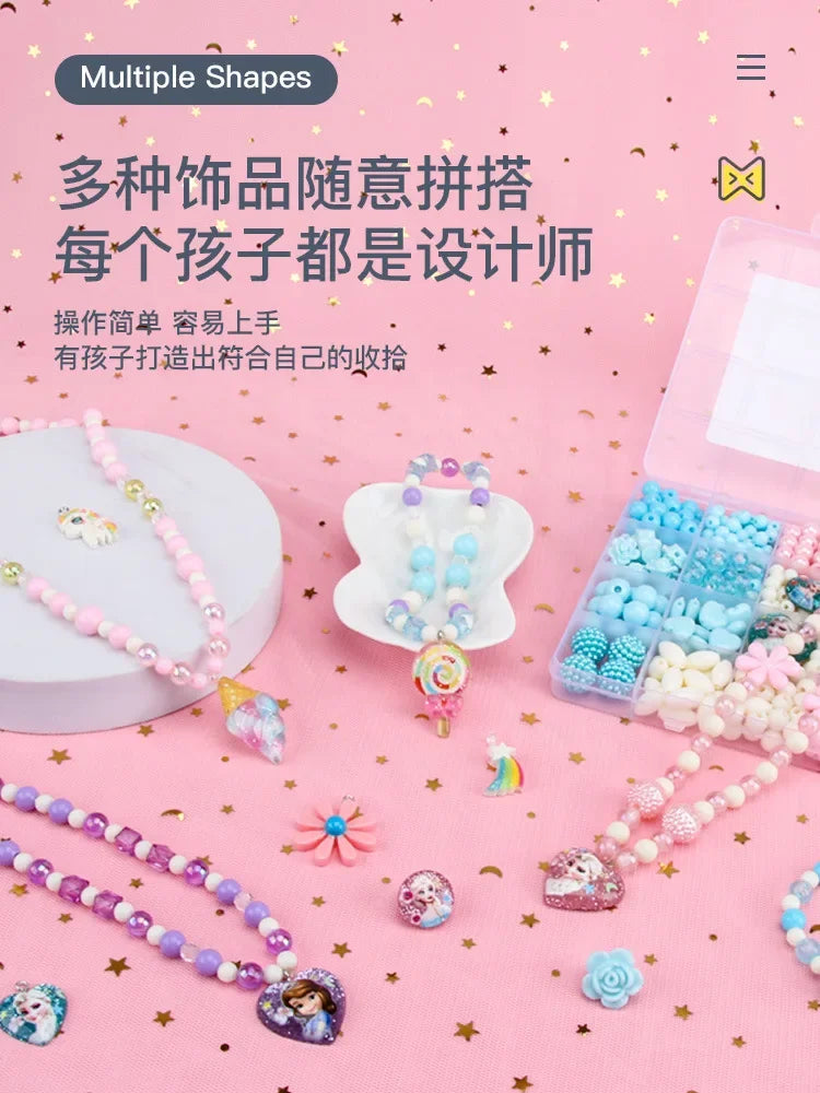 A pink background shows various colorful polymer clay bead jewelry pieces and a kit for children to make jewelry.