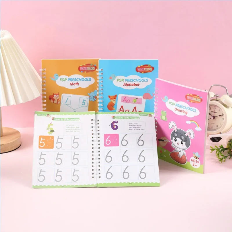 A set of colorful reusable magic tracing workbooks for preschoolers featuring math, alphabet, and drawing activities.