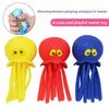 A set of colorful octopus bath toys including yellow, red, and blue squeezable toys for toddlers.