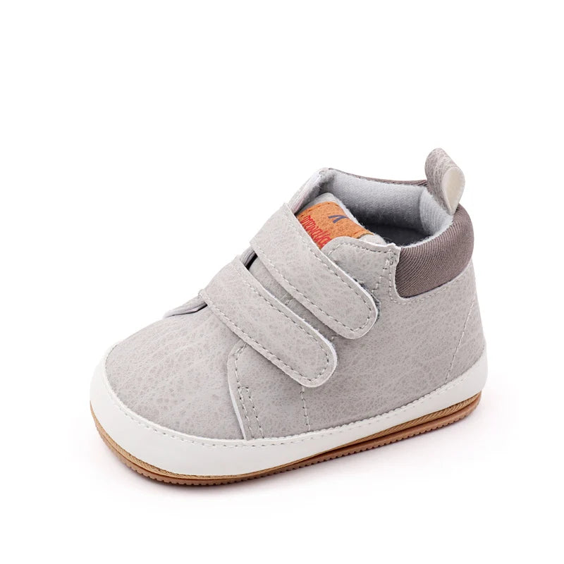 Gray soft PU leather baby first walker shoes with anti-slip TPR sole
