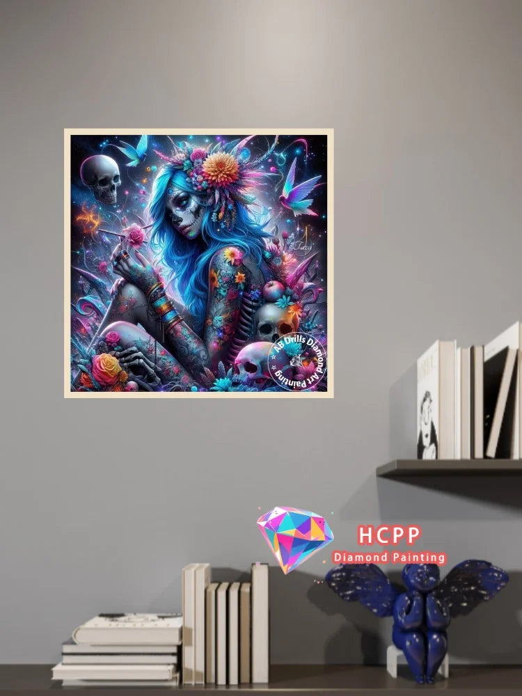 A diamond painting featuring a skull and flower design with vibrant colors and iridescent details.