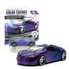 A purple model car that changes color with temperature, shown in a pull-back racing car format.