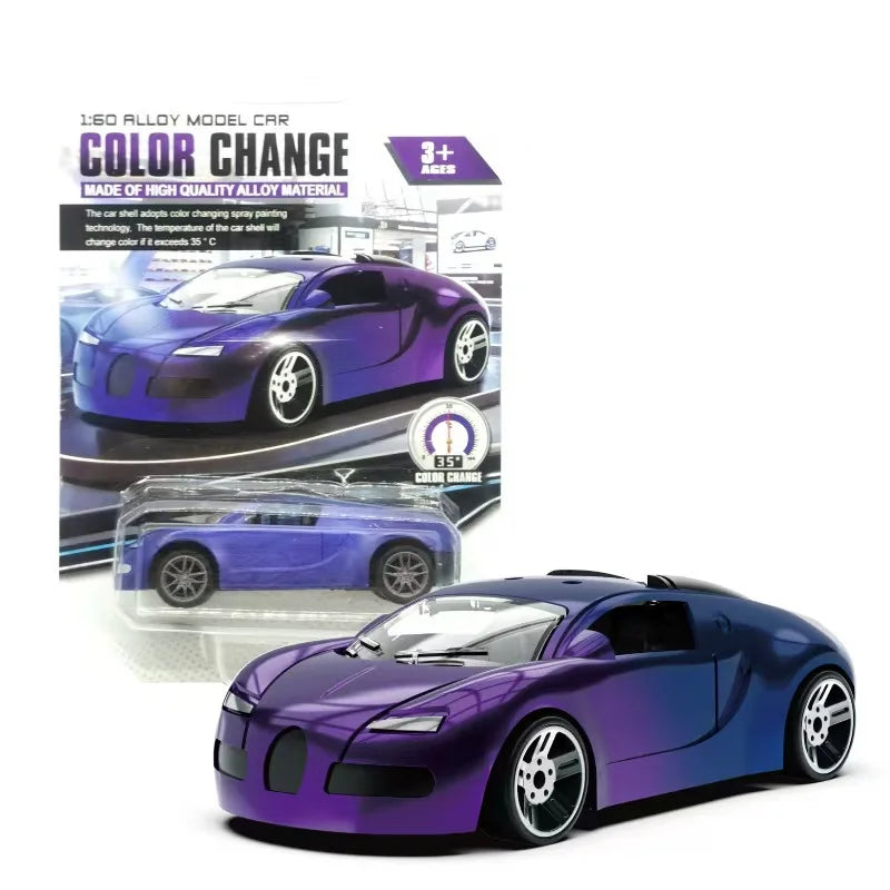 A purple model car that changes color with temperature, shown in a pull-back racing car format.