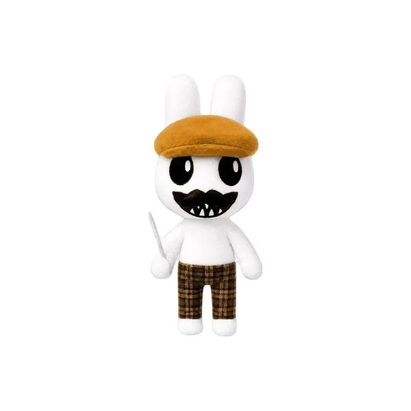 A white plush toy with an orange hat and black teeth, resembling a cartoon animal.