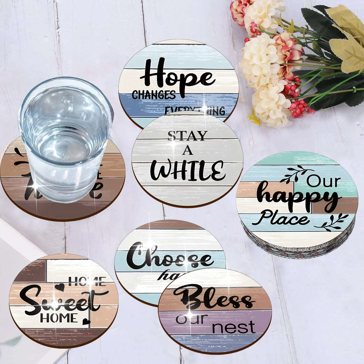 Set of 8 Decorative Wooden Coasters with English Print