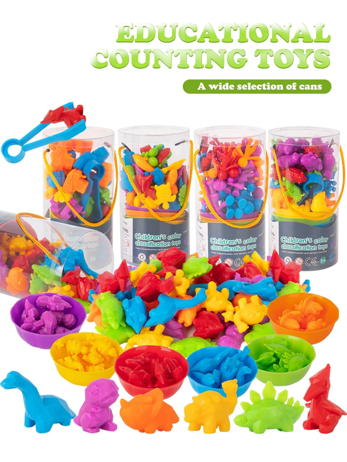 A wide selection of colorful cans containing dinosaur toys for educational counting and sorting