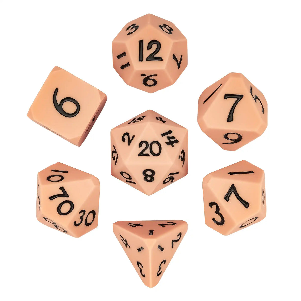 A set of pink silicone polyhedral dice, including a d12, d7, and d30, displayed on a white background.