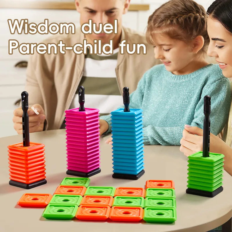 A set of colorful wooden strategy board game pieces including a duel set and five-in-a-row tiles.