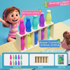 A children's guessing game featuring colorful bottles arranged in a row for matching.