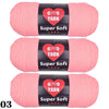 Three skeins of pink Super Soft Yarn labeled GOVD YARN for crochet and knitting projects
