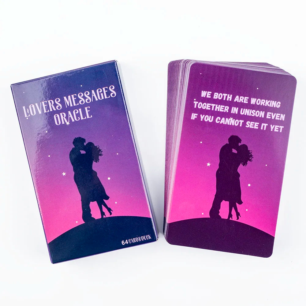 A purple box of the Lovers Messages Oracle deck with a silhouette of two people standing on a dark landscape.