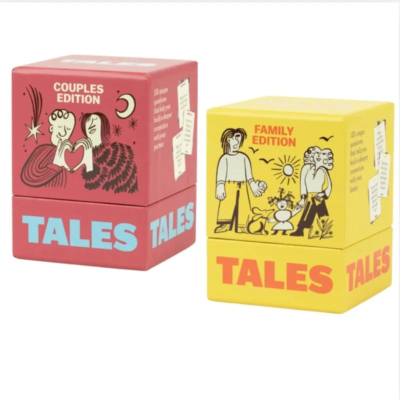 Un set de trois boîtes pour un jeu de cartes conversationnel avec des thèmes de couples et de famille, dans les couleurs rose