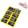 A yellow tray holds an 8-piece metal brain teaser puzzle set for adults and teens, with a hand demonstrating the puzzle's des