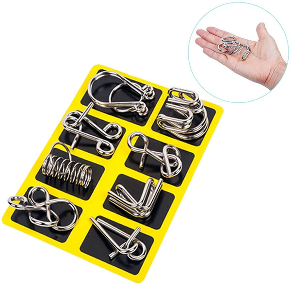 A yellow tray holds an 8-piece metal brain teaser puzzle set for adults and teens, with a hand demonstrating the puzzle's des