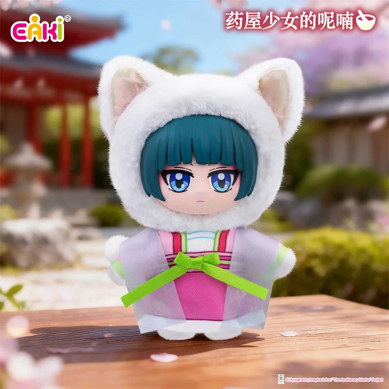 A plush blind box featuring a white cat-like head with blue hair and pink clothing.