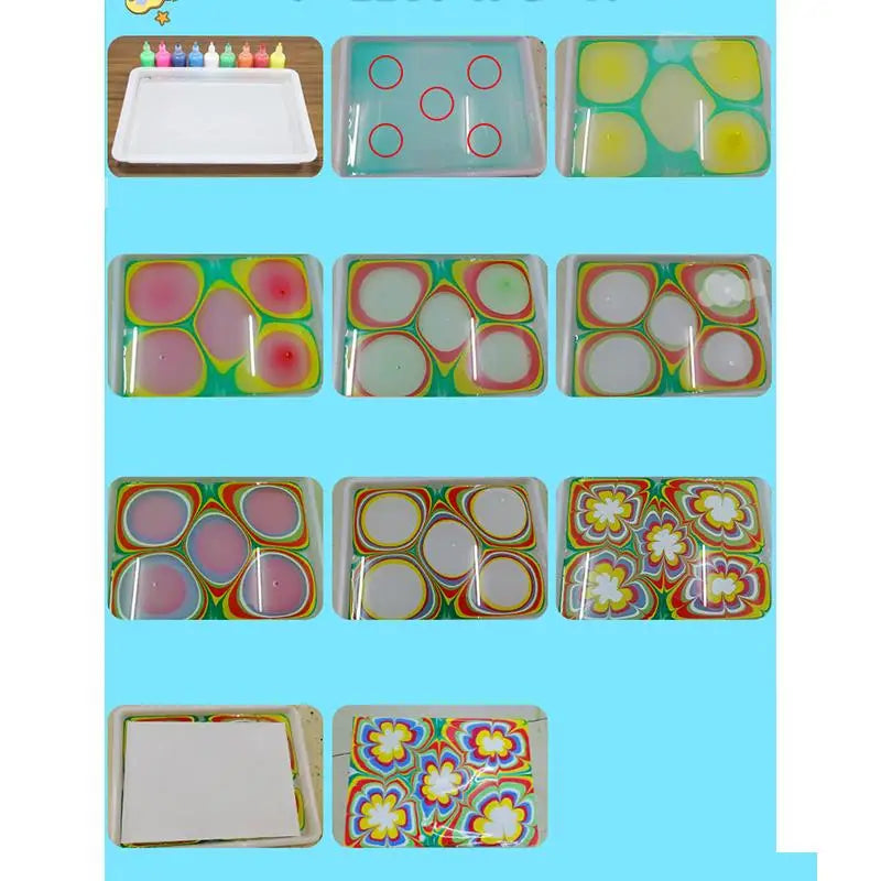 A set of water marbling paint art kits for kids featuring various colored and patterned trays.