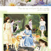 A collection of watercolor illustrations depicting girls interacting with various pets in a natural outdoor setting.